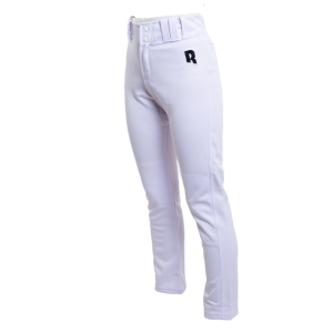 RECKEN Fuze Youth Baseball Pants in White, featuring a slim tapered fit, reinforced knees, belt loops, and a double snap closure with zip fly, ideal for youth baseball players seeking durability and comfort