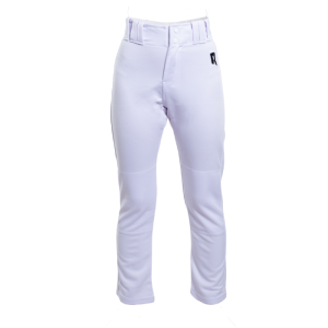 RECKEN Fuze Youth Baseball Pants in White, featuring a slim tapered fit, reinforced knees, belt loops, and a double snap closure with zip fly, ideal for youth baseball players seeking durability and comfort